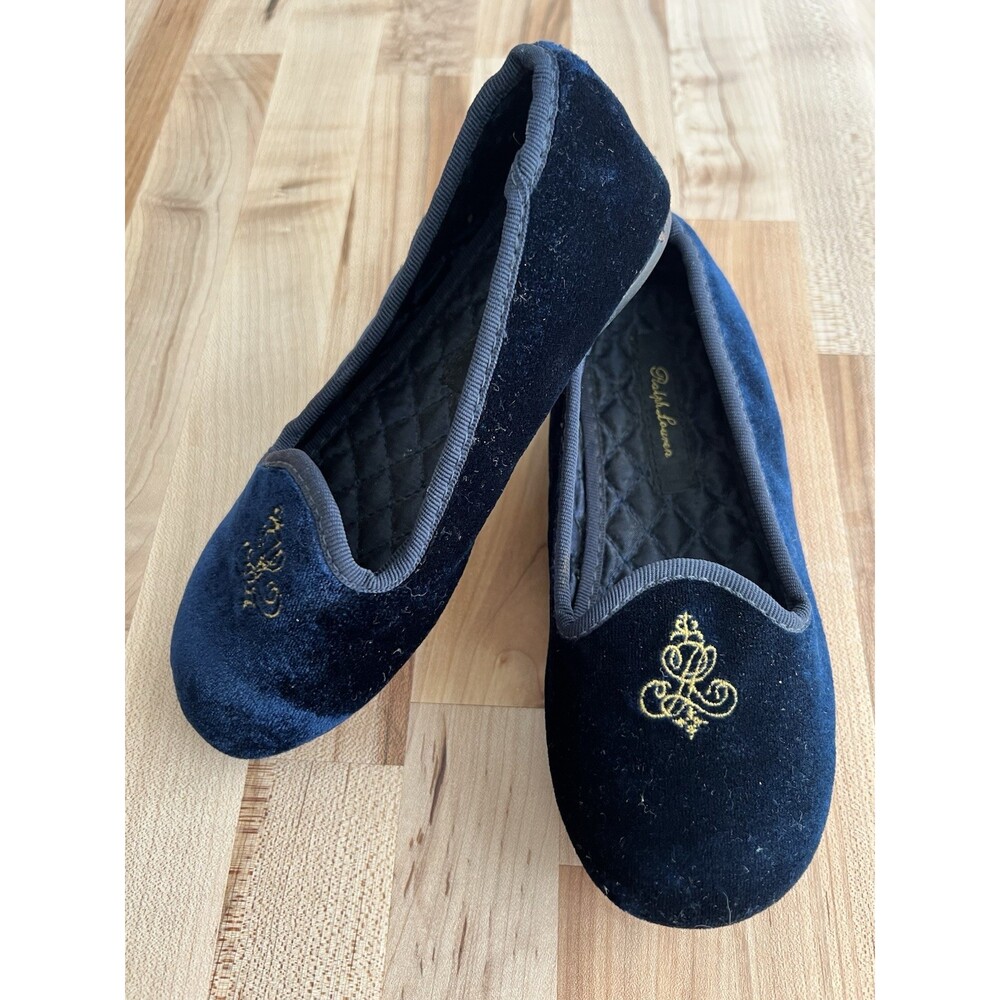 Ralph Lauren Kid’s Blue Velvet Slippers Loafers Slip On Monogram Size 11 EUC